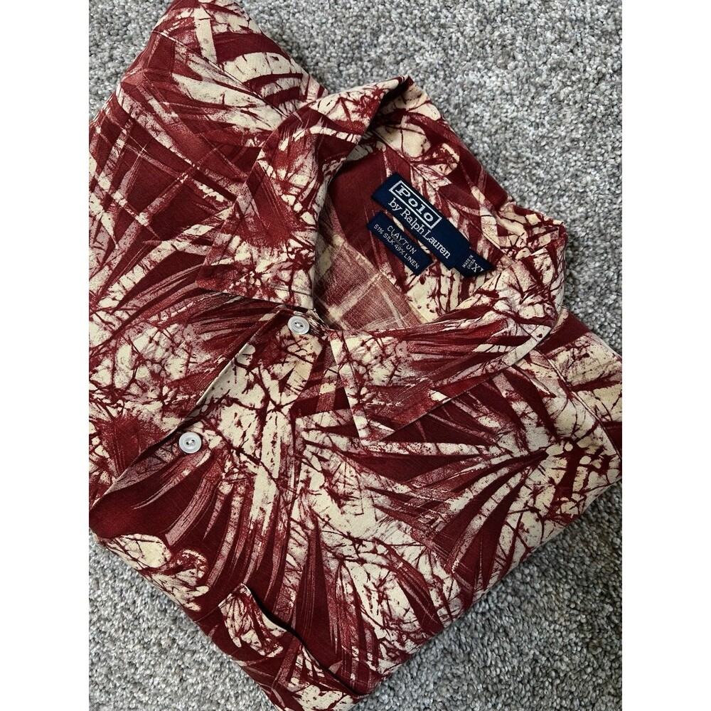 Polo Ralph Lauren Clayton Hawaiian Shirt XL Silk Linen Red Tan Leaf Print Camp
